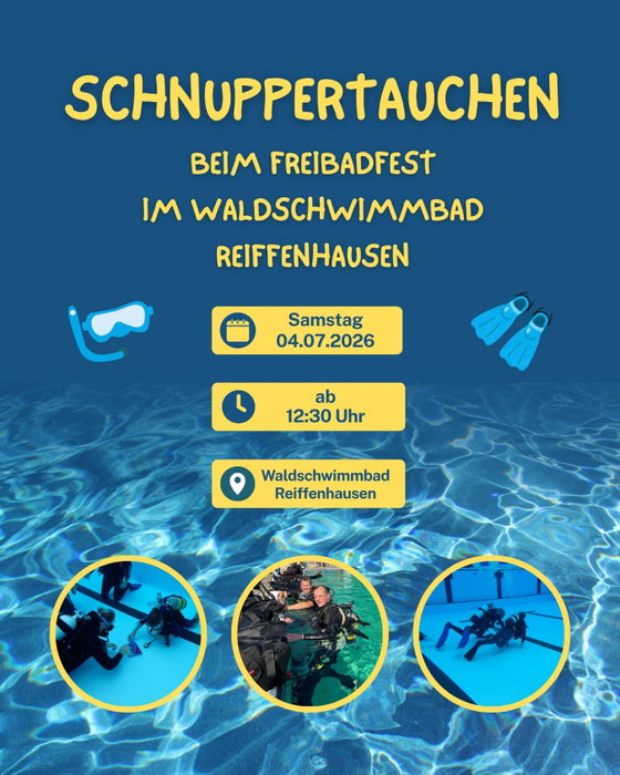Ihr wolltet schon immer mal Tauchen ausprobieren?
Jetzt ist eure Chance!

Am 04.07.2026 ab 12:30 Uhr sind wir beim Freib